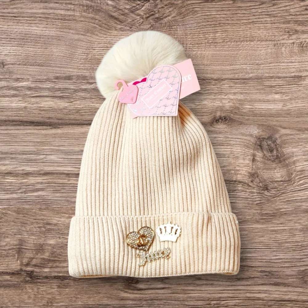 Juicy Couture Beige Charm Faux Fur Pom-Pom Beanie